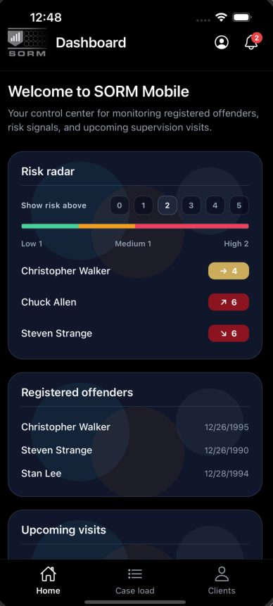 SORM Mobile dashboard: welcome message, risk radar, registered offenders, upcoming visits, and bottom navigation