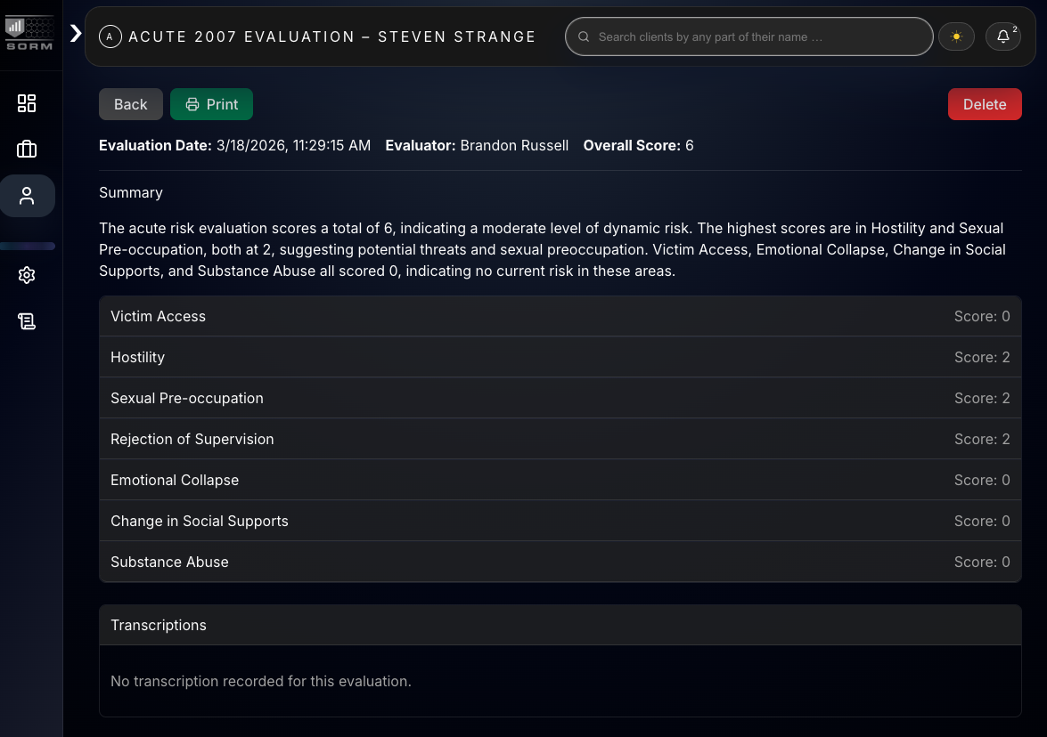 SORM web: acute evaluation view with summary, category scores, and transcriptions section