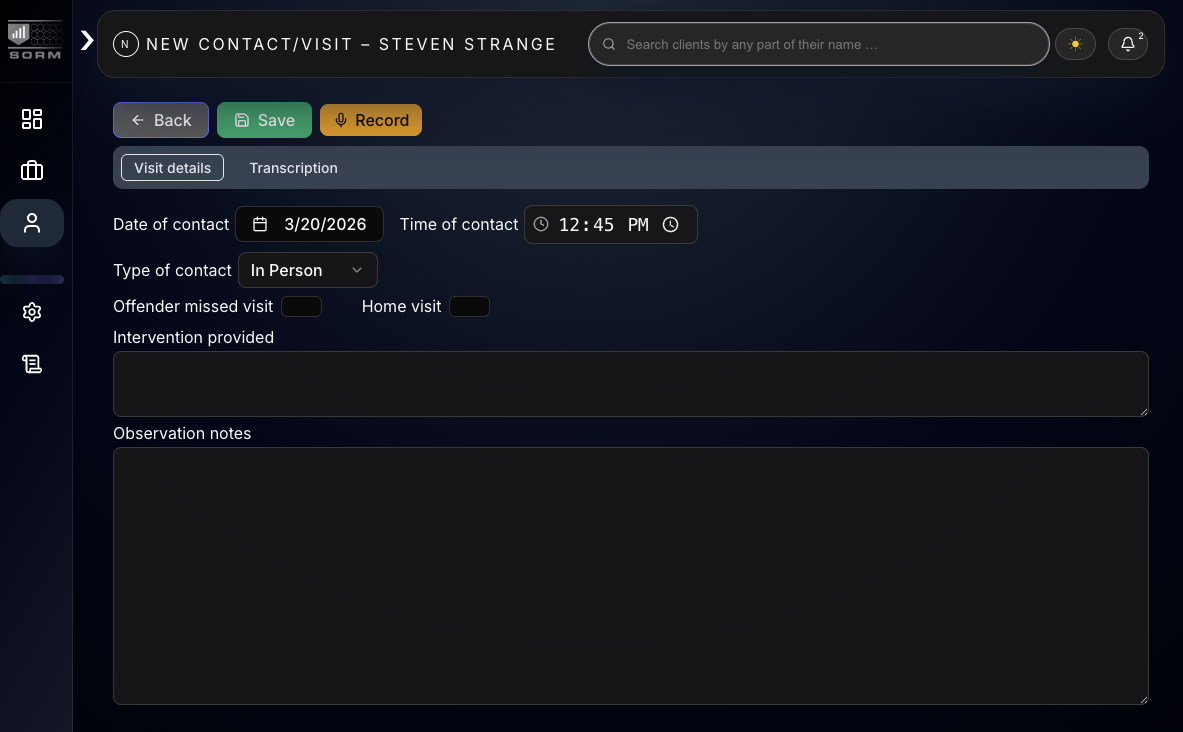 SORM web: new contact and visit form with visit details, toggles, notes, and transcription tab